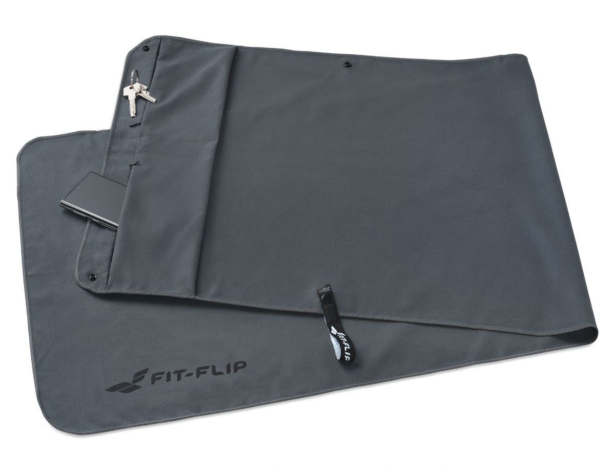 Fitnesshandtuch Mikrofaser mit Reissverschlusstasche 130x48cm Dunkelgrau