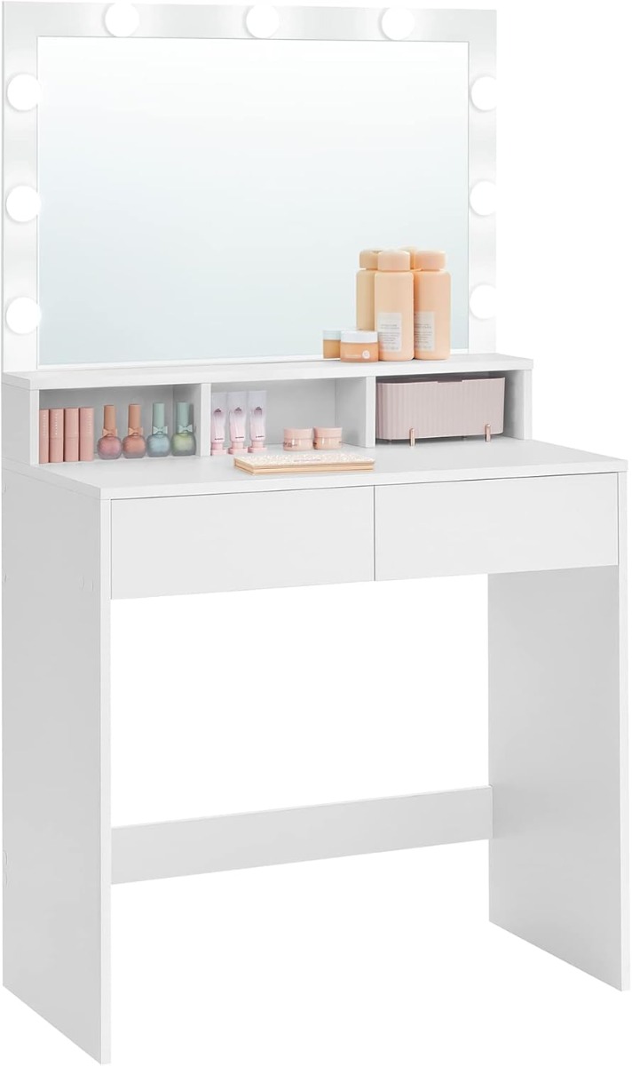 Schminktisch LED Beleuchtung Spiegel Schubladen, 80 x 40 x 140 cm, Weiss