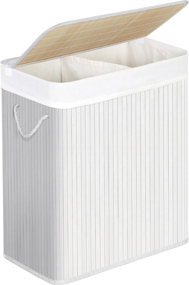 Wäschekorb Wäschesammler 2 Fächer Bambus 100l weiss