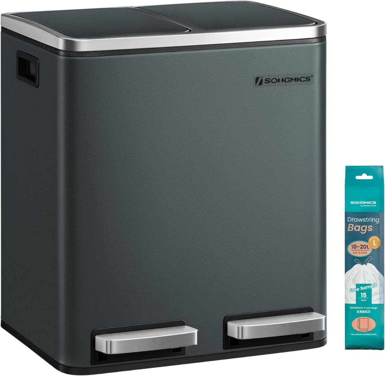 Küchenmülleimer Treteimer 2 x 15 Liter Mülltrennsystem mit 2 Fächern Grüngrau