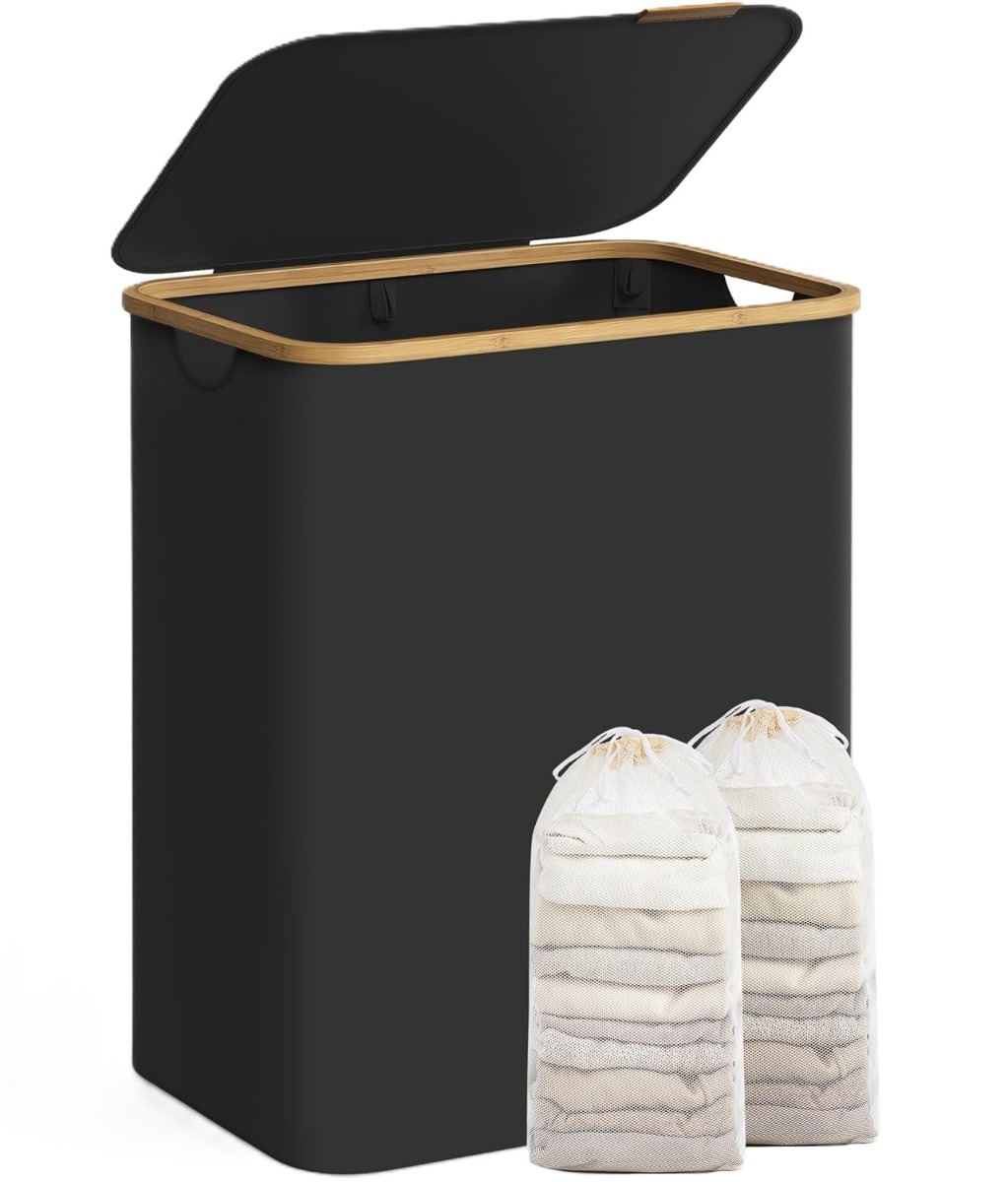 Wäschekorb 2 Fächer Bambus Griffe Schwarz