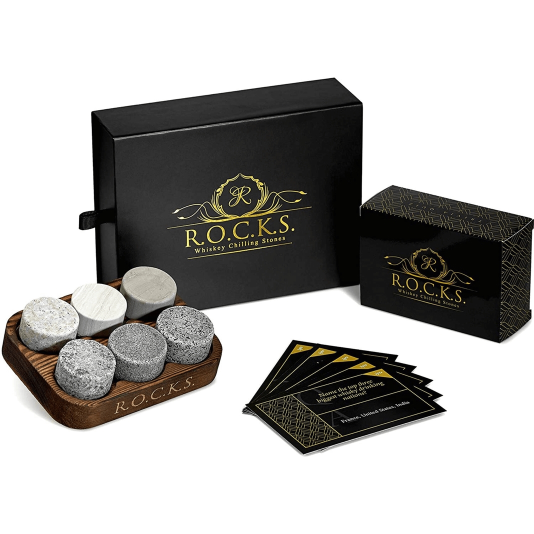Whiskey Kühlsteine und Quiz Geschenkset 6er