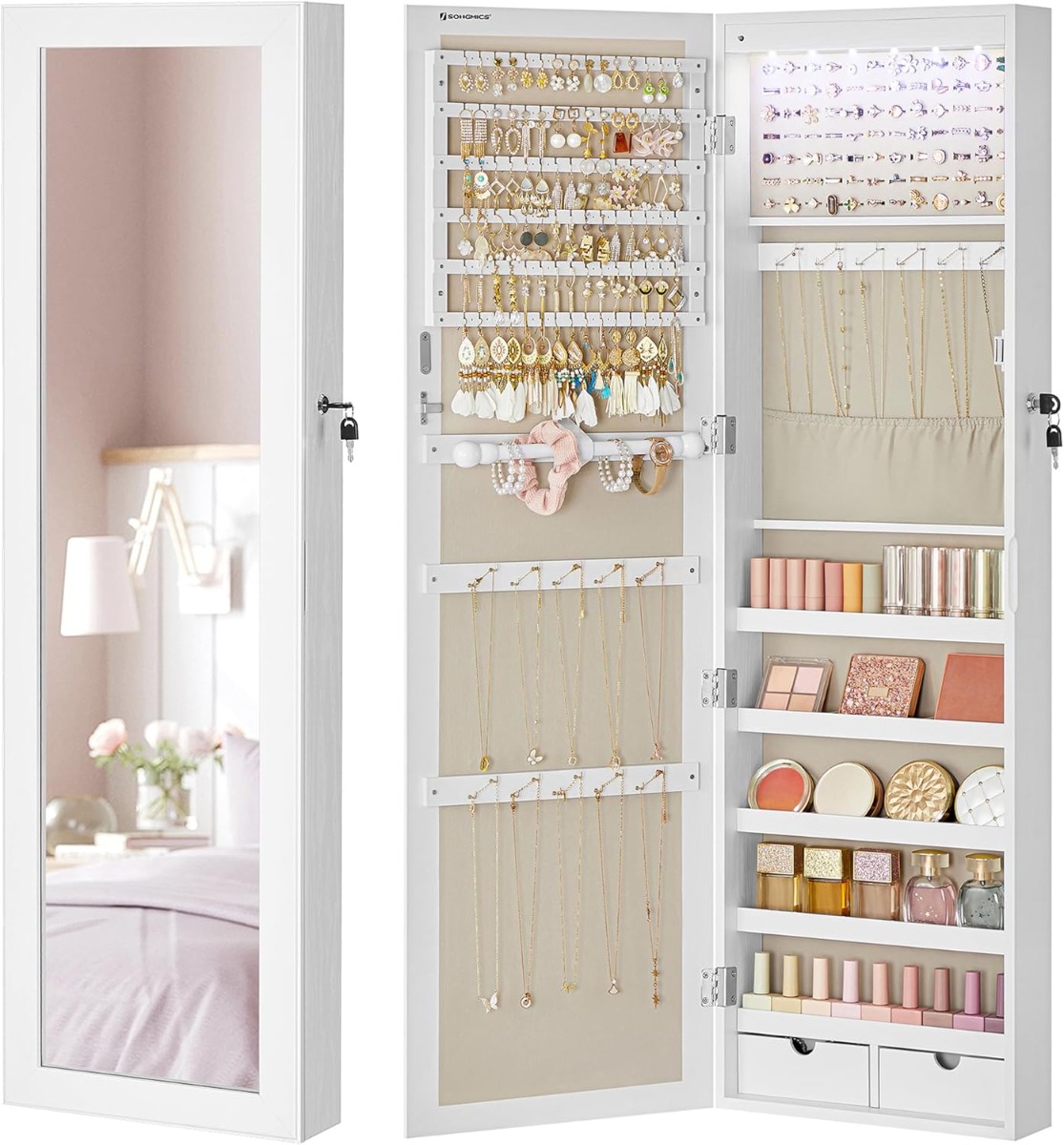 Schmuckschrank Wandmontage Spiegel Weiss Beige Holz