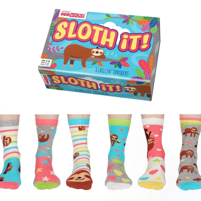 Einzelne Socken im 6er Pack, SLOTH IT Bunte Faultiere, Gr. 37-42, mit Geschenkbox