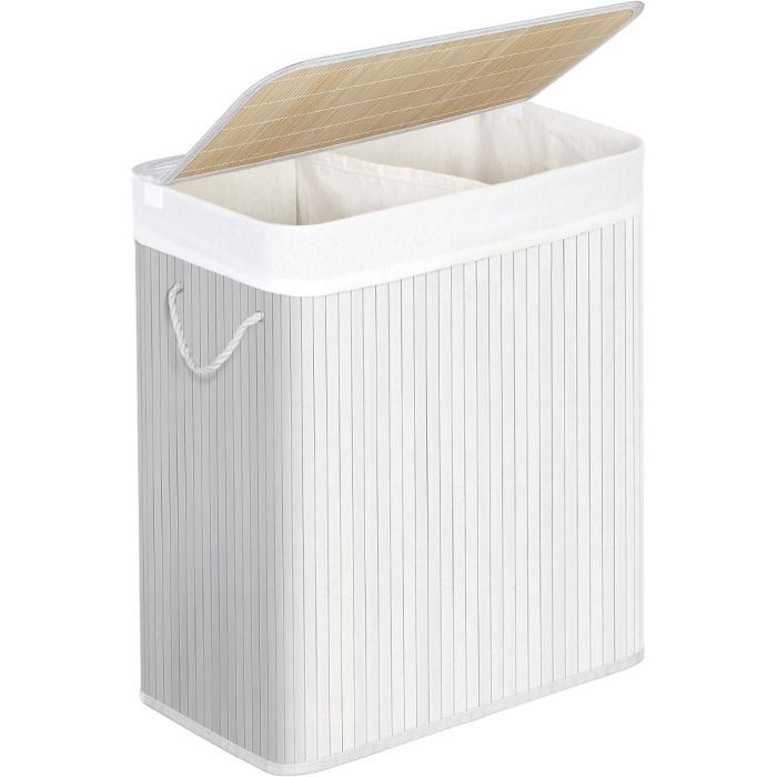 Wäschekorb Wäschesammler 2 Fächer Bambus 100l weiss