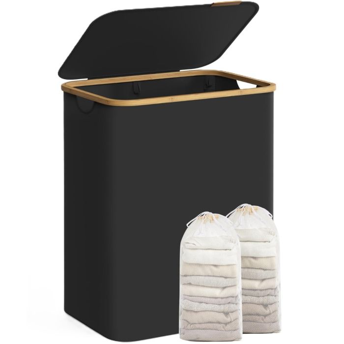 Wäschekorb 2 Fächer Bambus Griffe Schwarz
