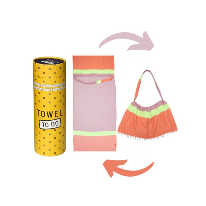 Neon 2-in-1 Strandtuch-Tasche aus Recycelter Baumwolle 180x100cm Orange-Pink gestreift
