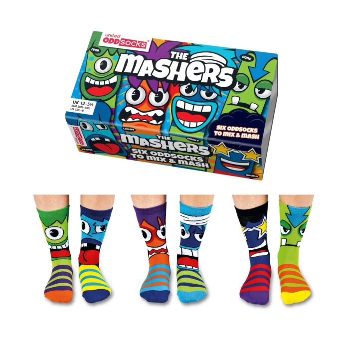 Einzelne Socken im 6er Pack, THE MASHERS Bunte Monster, Gr. 30-38, mit Geschenkbox