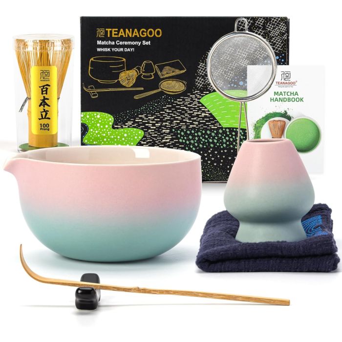 Matcha Set Pink Blau mit Ausgiessschale 7-tlg.
