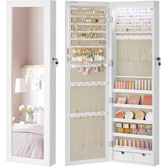 Schmuckschrank Wandmontage Spiegel Weiss Beige Holz