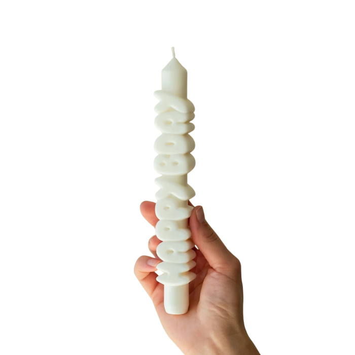 Kerze Taper candle HAPPY BDAY weiss
