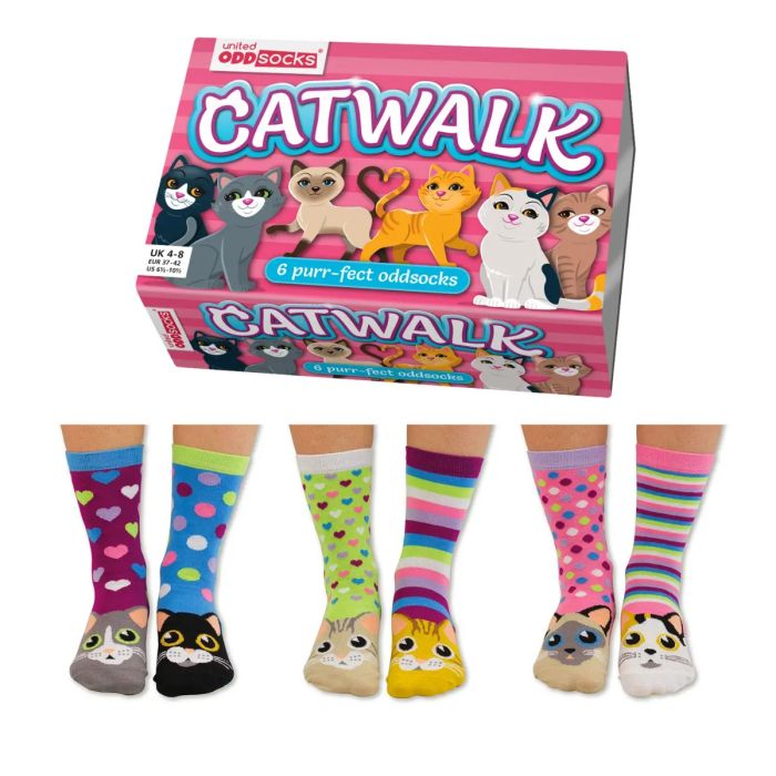 Einzelne Socken im 6er Pack, CATWALK Bunte Katzen, Gr. 37-42, mit Geschenkbox