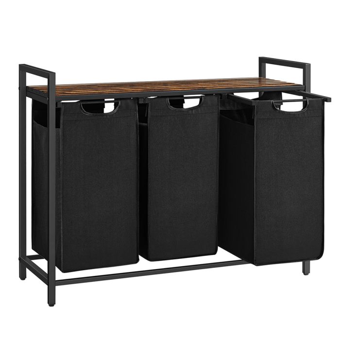Wäschekorb mit 3 Fächern und Ablage, tintenschwarz-vintagebraun