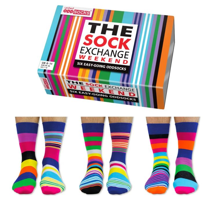 Einzelne Socken im 6er Pack, THE SOCK EXCHANGE Bunte Streifen, Gr. 39-46, mit Geschenkbox