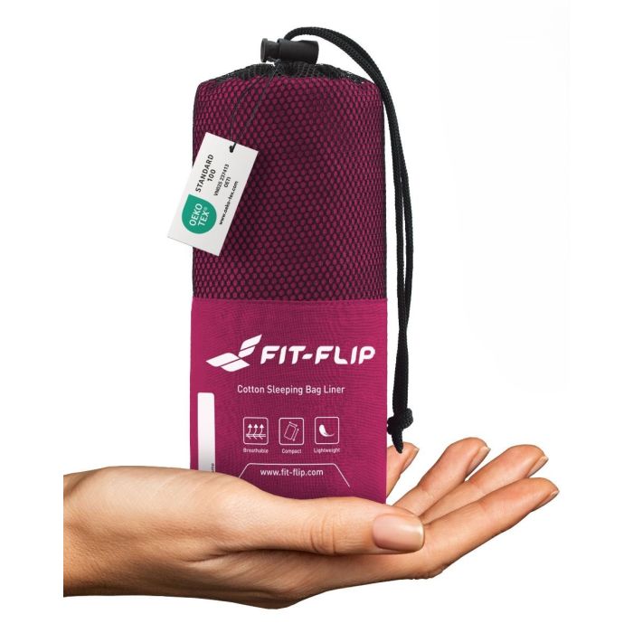 Hüttenschlafsack Baumwolle ultraleicht mit Kissenfach 90x220cm beere