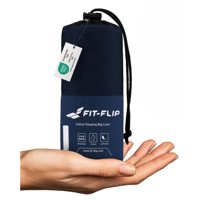 Hüttenschlafsack Baumwolle ultraleicht mit Kissenfach 90x220cm marine