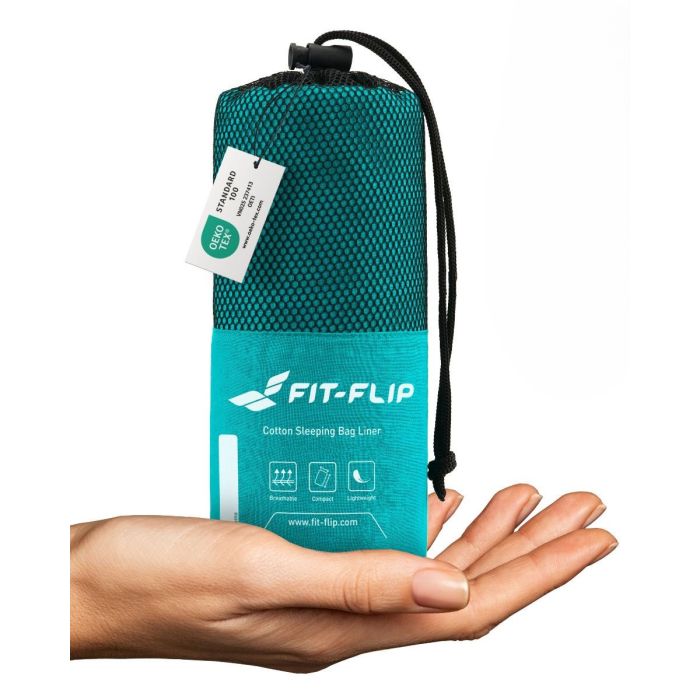 Hüttenschlafsack Baumwolle ultraleicht mit Kissenfach 90x220cm türkis