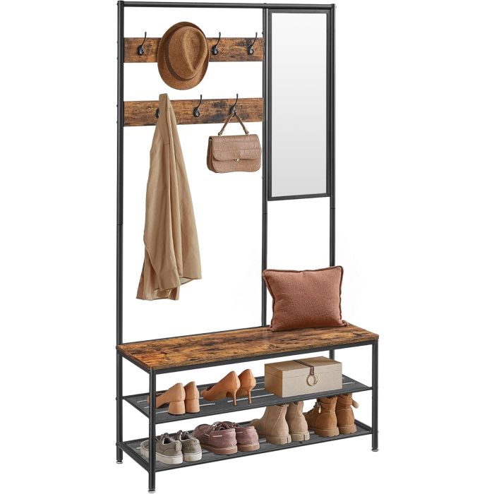 Kleiderständer Garderobe mit Spiegel Sitzbank Vintagebraun