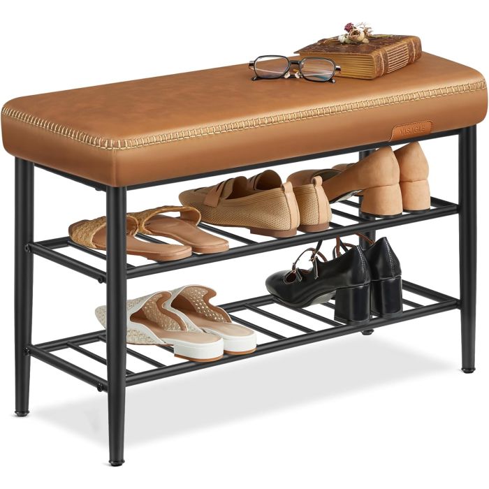 Schuhbank Mid-Century-Modern Kunstleder Karamellbraun