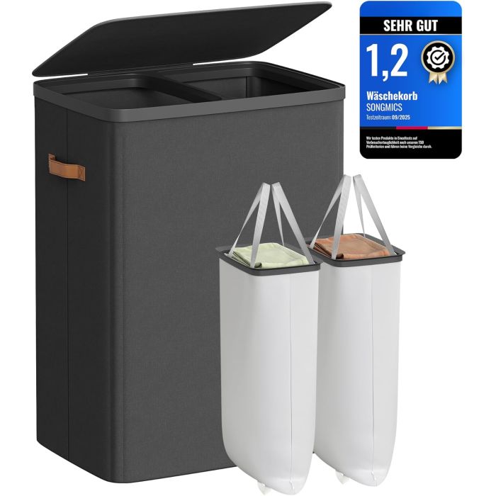 Wäschekorb 170L 2 Fächer Deckel Tintenschwarz