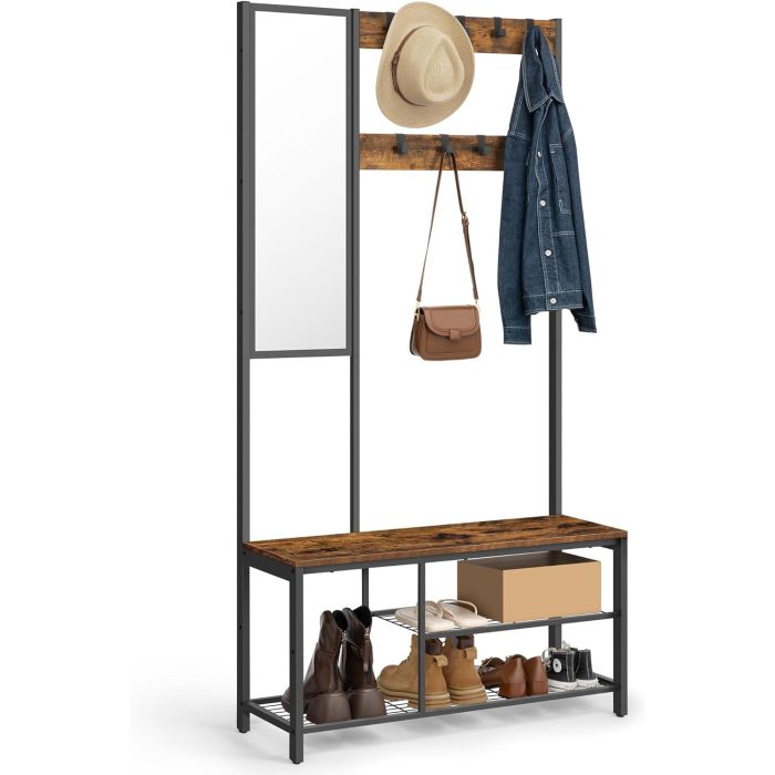 Garderobenständer mit Spiegel Schuhbank Vintagebraun Schwarz