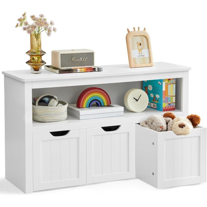 Spielzeugschrank mit 3 Schubladen rollbar weiss Holz