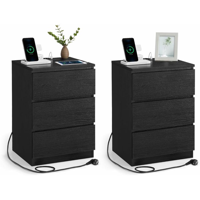 Nachttisch-Set 2 Stück USB Schwarz Holz