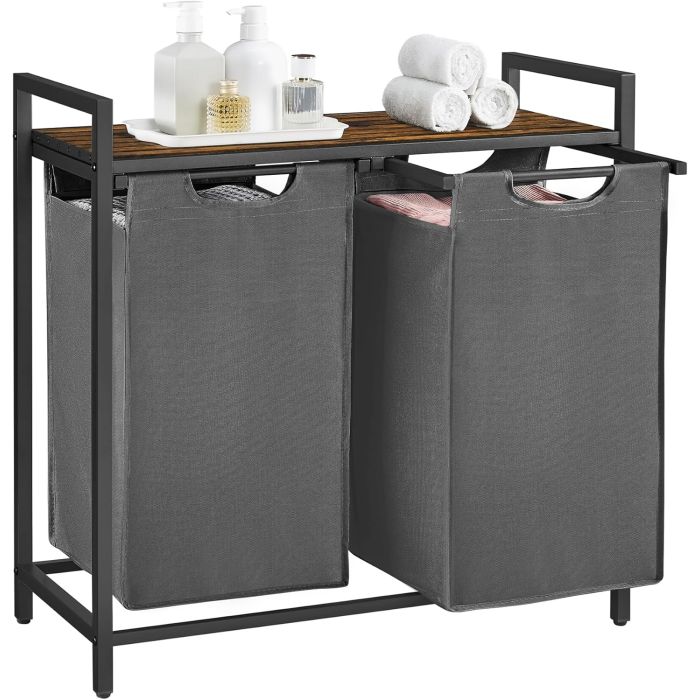 Wäschekorb mit 2 Fächern und Ablage, schiefergrau-vintagebraun
