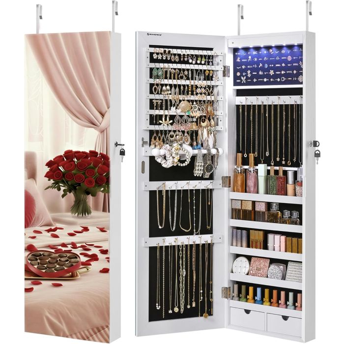 Schmuckschrank mit LED-Spiegel Weiss