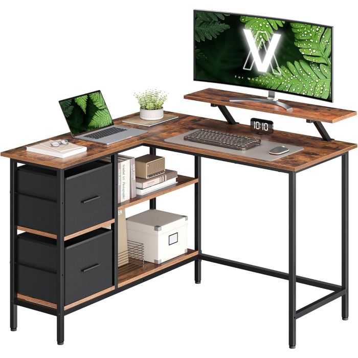 L-Schreibtisch mit Schubladen vintage braun