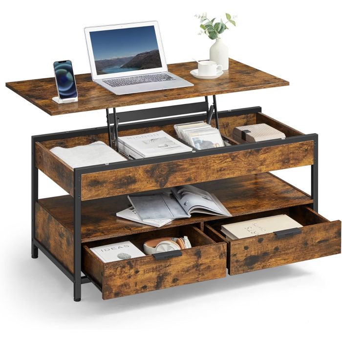 Couchtisch Höhenverstellbar Schubladen Vintagebraun Tintenschwarz