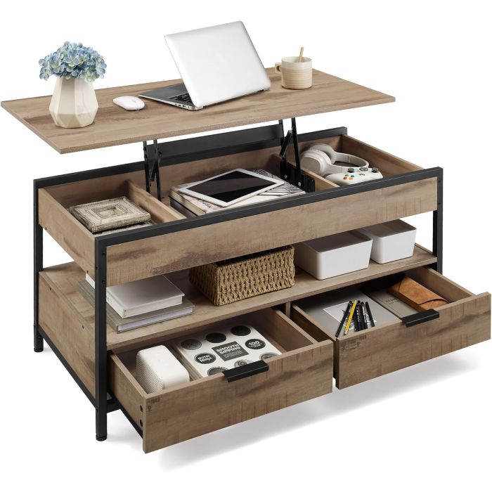 Couchtisch Höhenverstellbar Schubladen Offenes Fach Kamelbraun