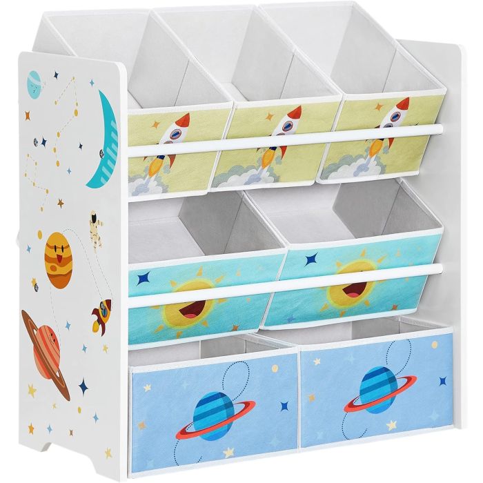 Kinderzimmerregal Weltall mit 7 Aufbewahrungsboxen Weiss