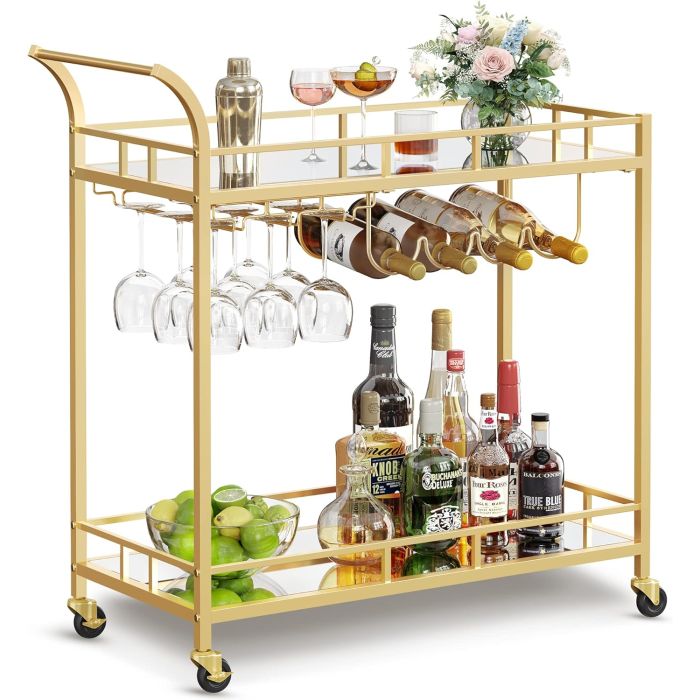 Servierwagen mit Gläserhalter und Glasablagen goldfarben