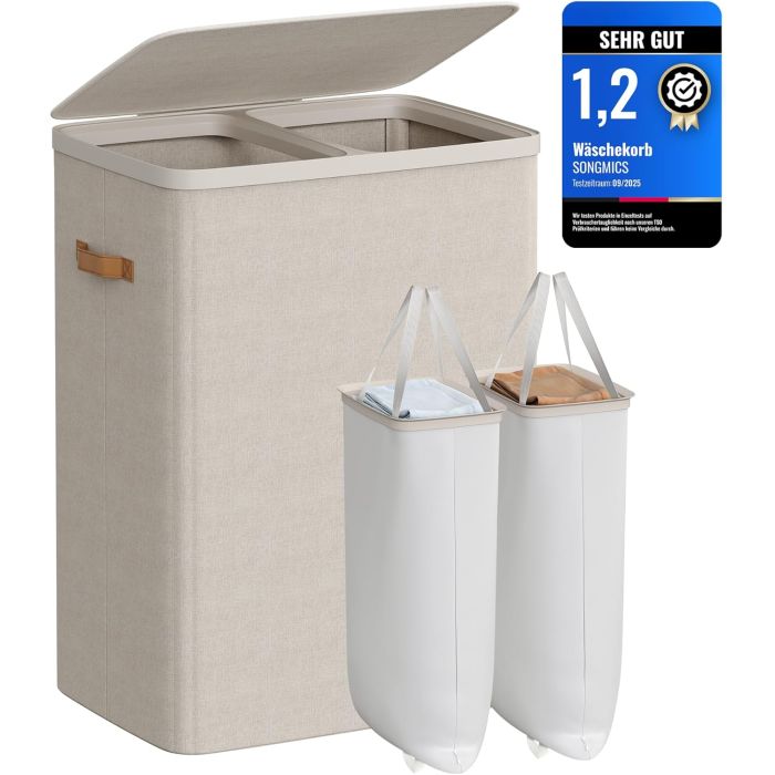 Wäschekorb Gross 170L Zwei Fächer Cappuccinobeige