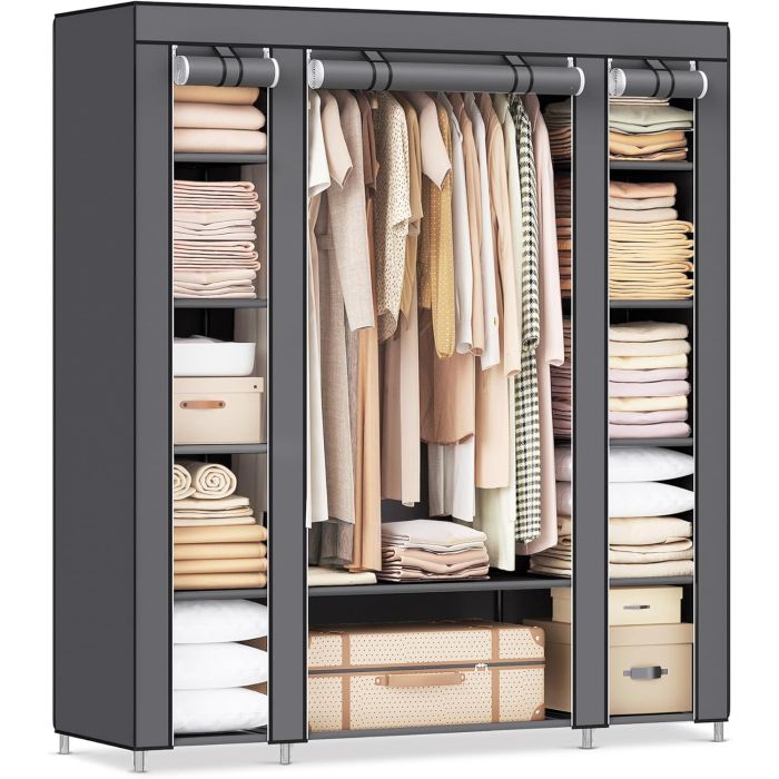 Kleiderschrank mit Ablagen und Stange Grau