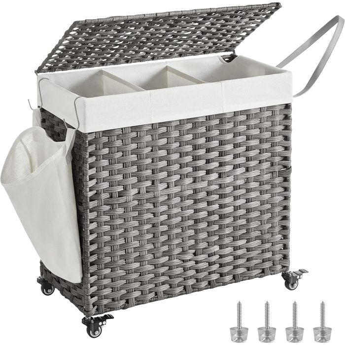 Wäschekorb Rattan-Optik 3 Fächer Grau