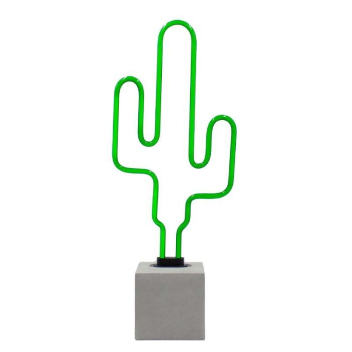 Glas Neon Tischlampe mit Betonsockel - Kaktus