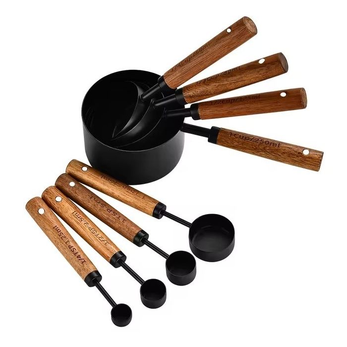 8 Teiliges Edelstahl Messbecher und Messlöffel mit Holzgriff Set Schwarz
