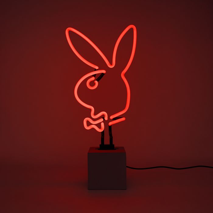 Glas Neon Tischlampe mit Betonsockel - Playboy Bunny rot