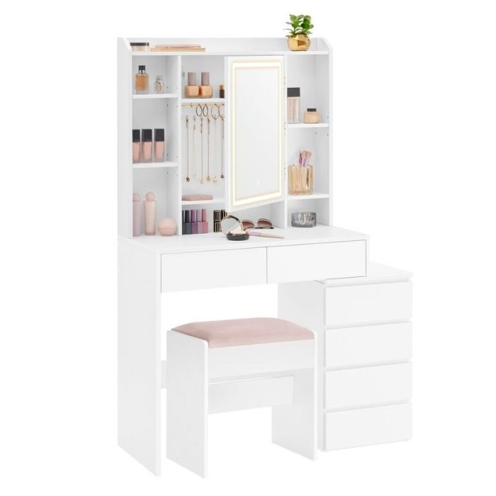 Schminktisch mit Hocker LED Beleuchtung Spiegel Schubladen Weiss