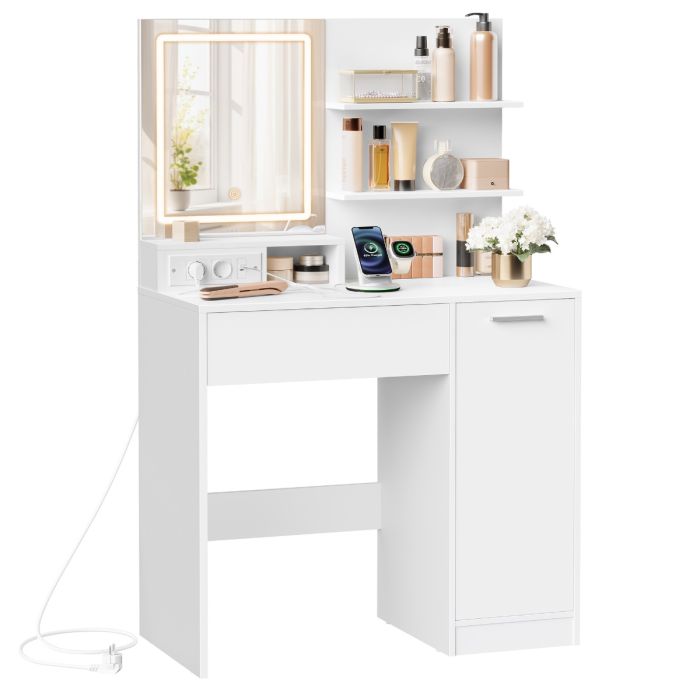 Schminktisch LED-Spiegel Steckdose weiss Holz