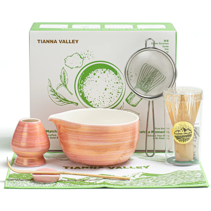 Matcha Set Orange Streifen mit Ausgiessschale 7-tlg.