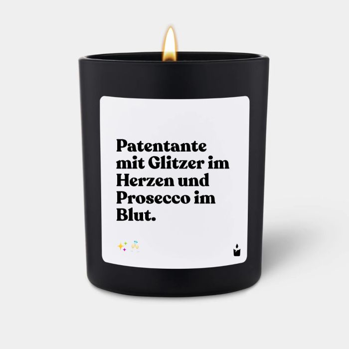 Duftkerze Schwarz Woody Patentante mit Glitzer im Herzen und Prosecco im Blut.