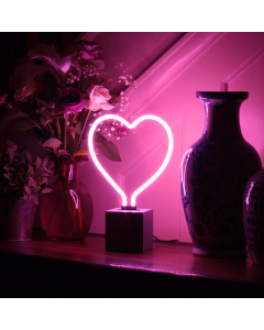 Glas Neon Tischlampe mit Betonsockel - Herz 