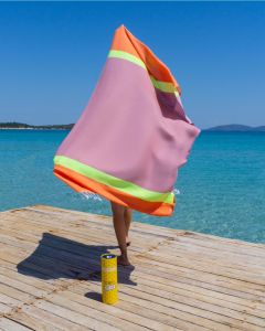 Neon 2-in-1 Strandtuch-Tasche aus Recycelter Baumwolle 180x100cm Orange-Pink gestreift