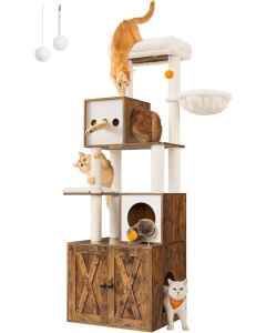 Kratzbaum mit Katzenklo-Schrank vintagebraun
