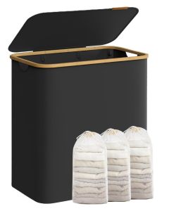 Wäschekorb Wäschesammler 3 Fächer Bambus 150l Schwarz
