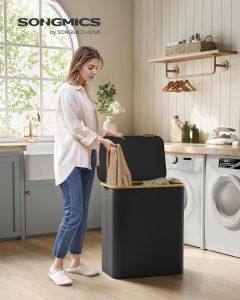Wäschekorb Wäschesammler 3 Fächer Bambus 150l Schwarz