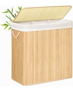 Wäschekorb Wäschebox Bambus 3 Fächer faltbar mit Griffen Naturfarbe